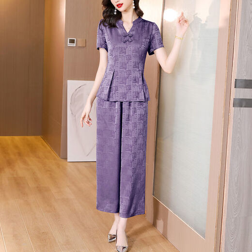 BMOI2025夏仿真丝套装女提花时尚中年大码妈妈装收腰显瘦仿香云纱两件 N679  墨绿套装 3XL