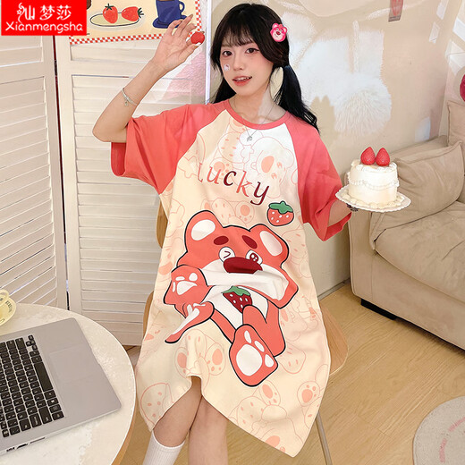 Xianmengsha's new summer pure cotton mid-length nightgown for women's short-sleeved round neck sweet cute cartoon pajamas girl's home clothes 723-Yugui Dog M
