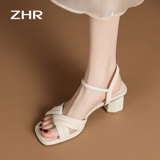 ZHR凉鞋女夏季优雅一字带粗跟女鞋温柔纯色高跟鞋子女 Y683 米色 37 