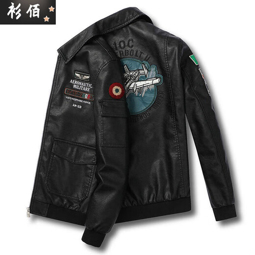 潮韵月新冬季加绒加厚皮夹克保暖修身韩版潮流飞机刺绣机车服男皮毛一体 XY-839黑色皮毛一体 3XL 建议155-170斤
