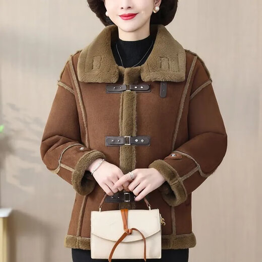 皮尔卡丹（pierre cardin）妈妈冬装加绒加厚皮毛一体短款外套女中老年女装羊羔鹿皮绒机车服 咖色 XL 建议90-110斤