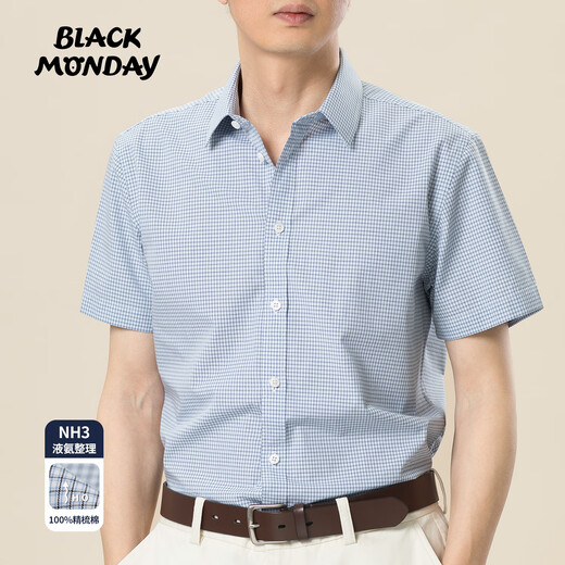 BLACKMONDAY纯棉格子衬衫男短袖薄款全棉液氨抗皱免烫男士正装商务休闲衬衣