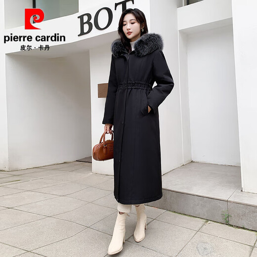 Pierre Cardin high-end duck down rabbit fur thickened removable liner long knee-length down jacket winter parka women's coat black snowflake fox fur collar 3XL 150-170Jin Jin equals 0.5 kg