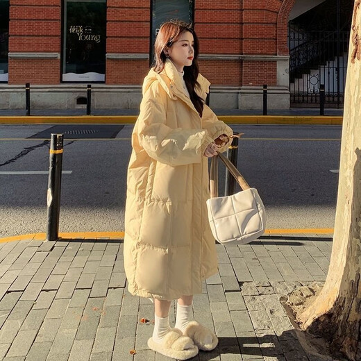 Amber heey Korean style large pocket white duck down jacket for women 2025 new mid-length lightweight hooded warm women's jacket creamy yellow S recommended (80-125Jin Jin equals 0.5 kg)