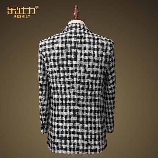 
RESHILY wool suit men's jacket trendy double-breasted black and white plaid suit fashionable casual and long single western thick style, rough black and white plaid single suit 180/XL/52 (weight 135-150Jin [Jin equals 0.5 kg])