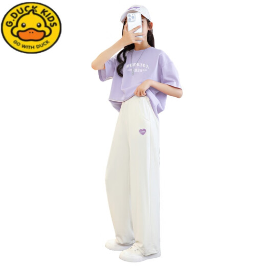 G.DUCKKIDS小黄鸭女童夏装套装儿童2025新款大童短袖t恤长裤夏季休闲运动服 15025米白色+9928紫色 170 cm