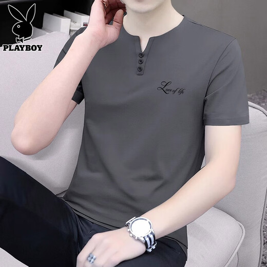 花花公子（PLAYBOY）短袖t恤男2025夏季新款潮流v领休闲宽松上衣薄款凉感男装 5024黑色 XL