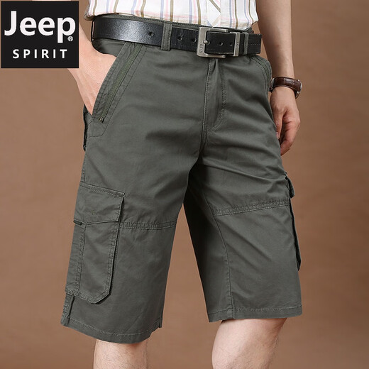 Jeep (Jeep) Arbeitshorts Herren Sommer dünne reine Baumwolle Fünf-Punkte-Hosen mit großer Größe loser mittelgroßer Hosen Mehrfach-Pocket-Freizeit-Shorts 9889 Military Green 36 zwei Fuß acht