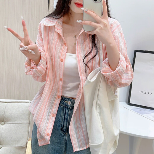 Striped cotton and linen shirts for women in spring and autumn, casual loose sunscreen long-sleeved shirts, thin tops, autumn jackets, trendy orange stripes M (95-130Jin Jin equals 0.5kg)
