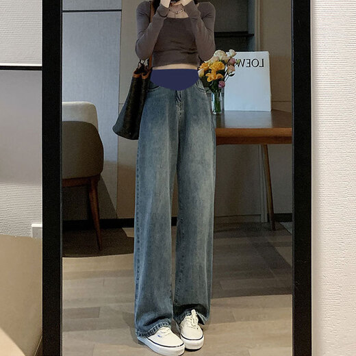 Yunshun Mutterschaftsjeans mit Bauchunterstützung im Frühling und Herbst, die Jeans gerade mit Breitenbeinhosen lose Mutterschaft Outfit lässig Slim und Drucken gerade Jeans Retro Blue Blue Bauch Stütze zufällige Hose L105-120)