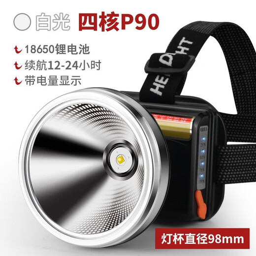 汶纳几P90强光头灯充电超亮头戴式照明矿灯手电筒远射锂电jm9 9923-白光升级四核P90