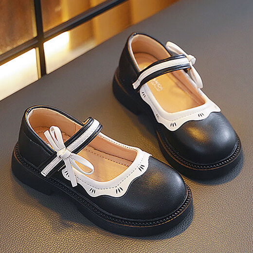 Xi'er small leather shoes for girls, children's spring and autumn princess shoes, student performance bows, big children's single shoes, college style performances, small leather shoes with bows, black, single layer, inner length 22cm