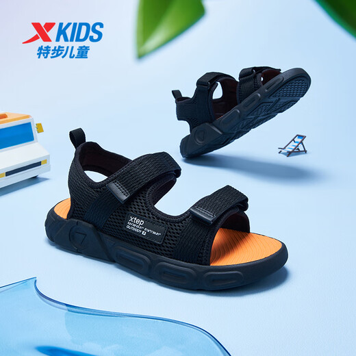 XTEP children's shoes, children's sports sandals, breathable and comfortable open-toe sandals, non-slip beach shoes, small, medium and large children's summer sandals, black 27