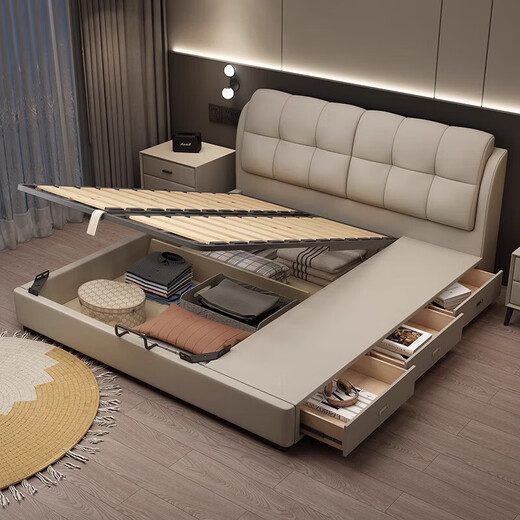 Huangbaoni Italian light luxury leather bed master bedroom high-end large bed double with drawer storage khaki soft bed first layer cowhide bed 1.5*2 meters frame bed 15cm silent bed board