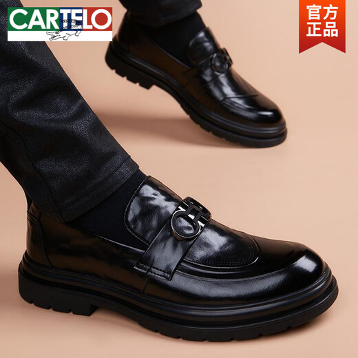 CARTELO Crocodile Loafers Men's Genuine Leather Breathable Thick-soled Beanie Casual Leather Shoes 2025 New Business Formal Slip-On Men's Shoes Black Does Not Increase 40