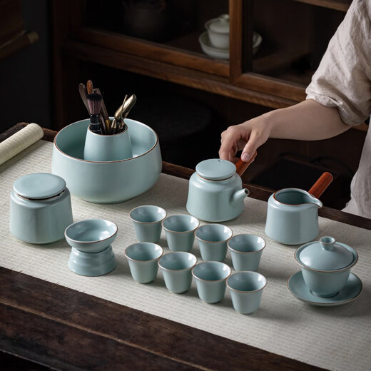 Gold inlaid jade imitation Song Dynasty Ru kiln tea set, complete set of household ceramic kung fu tea sets, teapots, lids, bowls, tea cans, gift boxes, Haoran side handle imitation Song Dynasty Ru kiln large set