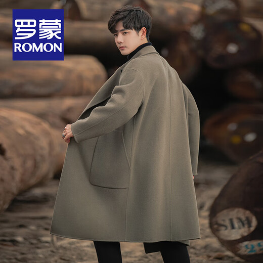 ROMON Light Luxury Spring and Autumn Wool Double-sided Wool Coat Men's Mid-Length Thickened Over-the-Knee Windbreaker High-Quality Jacket Men Gray Green (70% Sheep Wool) S Recommended (110Jin Jin is equal to less than 0.5 kg)