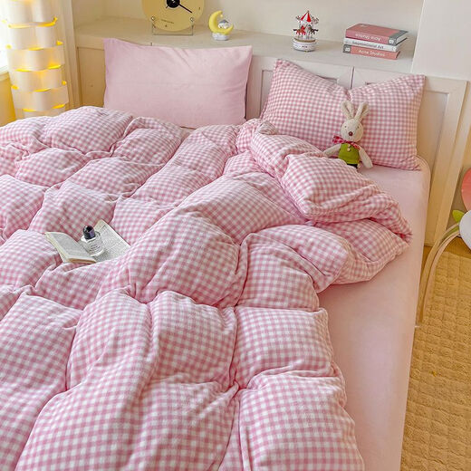 Qiao Shuka winter milk velvet thickened warm bed four-piece set ins solid color simple flannel sheets dormitory milk velvet-pink 0.9 dormitory three-piece set-quilt cover 150*200