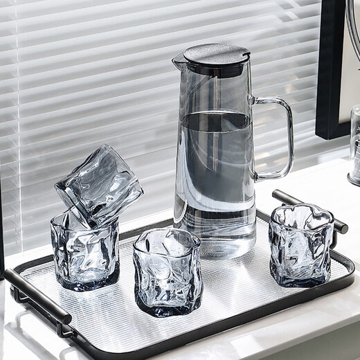 Hedara Nordic high-end glass home set living room drinking cup simple family tea cup for entertaining guests 6 ash twist cups + black stand + straight pot + black iron plate