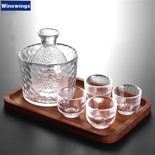 WINEWINGS Japanese-style hammered wine warmer glass hot wine jug ice wine sake jug household wine divider yellow wine white wine cup one or two small wine glasses set wine warmer + 4 wine glasses + wine warmer 6-piece set without tray