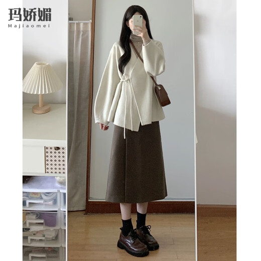 Majiaomei dress women's suit 2025 new autumn and winter clothing with a complete set of versatile jacket, bottoming shirt and skirt for women, apricot coat + apricot bottoming shirt + coffee skirt M