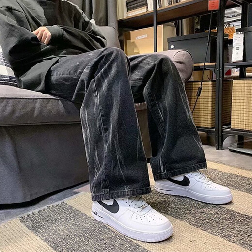 Kefeiwo tie-dyed jeans for men spring high street hip-hop loose wide-leg straight pants handsome casual floor-length trousers Haowei-3317 black XL (recommended weight 120-135 Jin Jin equals 0.5 kg)