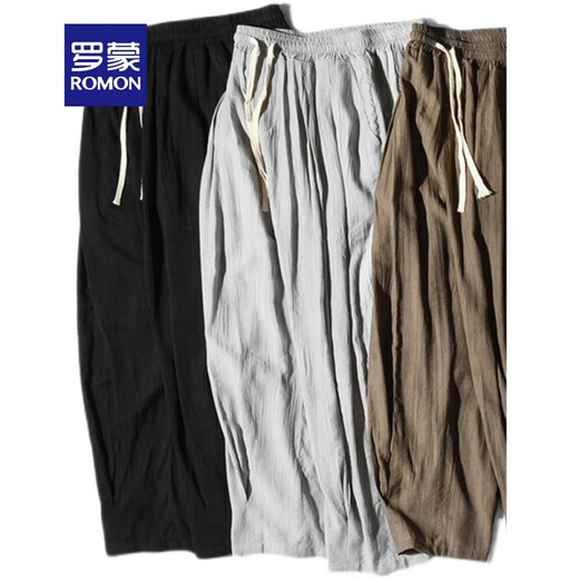 ROMON Chinese style linen pants men summer loose cotton linen pants large size casual wide-leg pants men's bloomers harem pants gray M