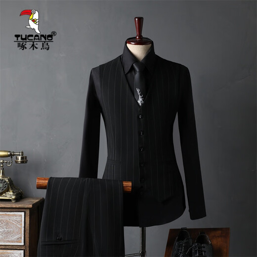 Woodpecker (TUCANO) Striped Suit Men's Full Groom's Suit British Style Groomsmen's Clothes Business Formal Wedding Suit Men's Black (Suit+Vest+Trousers) XL 52 (125-135Jin Jin equals 0.5kg)