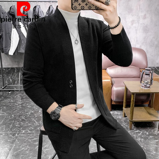 Pierre Cardin Brand Wool Cardigan Men's Trendy Slim Jacket 2025 Spring and Autumn Thickened Men's Knitted Sweater Cardigan Sweater Jacket Dark Gray 2XL