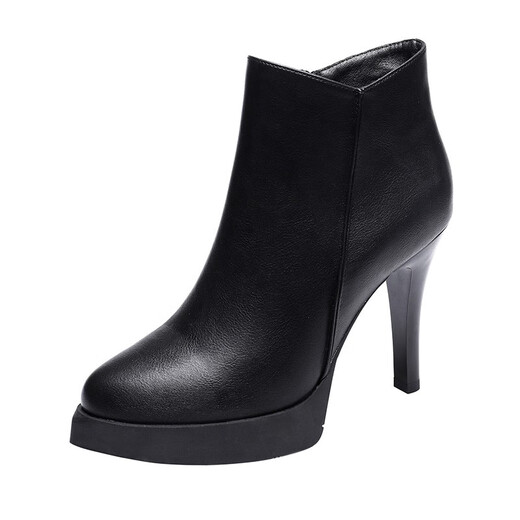 Belle-Ta-Serie Marke Leder Leder Kurzstiefel High Heels 2025 Herbst und Winter sowie Samt Frauenstiefel Dünne Absatz wasserdichte Plattform Dicke Sohle Martin Stiefel Knöchel Schwarz 36