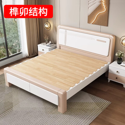 Yishan 2025 new mortise and tenon all solid wood bed light luxury modern simple white master bedroom 1.8m double air pressure storage bed solid wood silent bed (two colors optional) 1.5m*2m mortise and tenon style