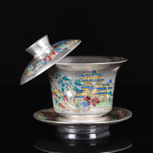 Jiaomingtang Chinese style 999 sterling silver tea set complete set with enamel color gift for elders leaders men high-end retired practical men 10 heads of paradise (silver teapot) - next day delivery