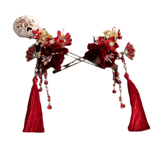 Wanbaozi Bridal Jewelry Chinese Xiuhe Clothing Headwear Ancient Style Red Velvet Flower Tassel Wedding Jewelry Toast Clothing Accessories Red Five-piece Set Headwear + Ear Clips
