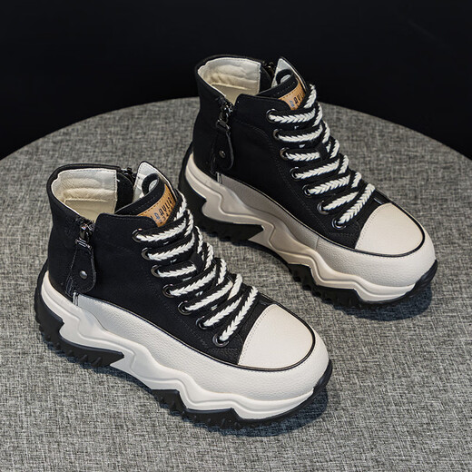 OTMX Dad Schuhe Frauen lässige Schuhe Cowide High Top Frauenschuhe 2025 Frühling und Herbst Neue, vielseitige, dick-lockige Reise-Sneakers 677 Beige Plus Velvet 36