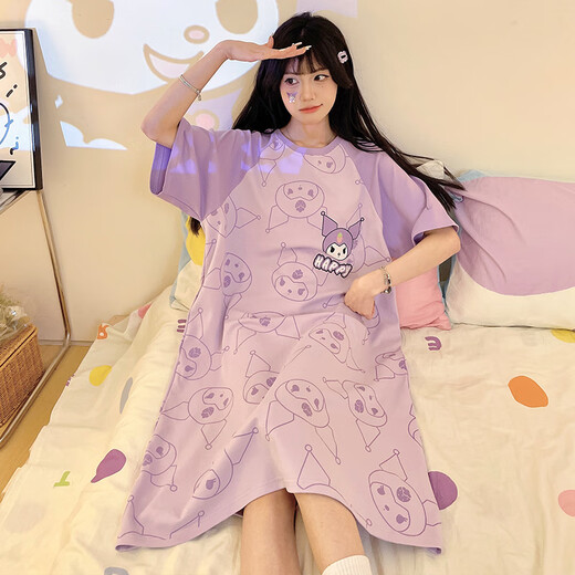爱芬柔夏季睡裙女士薄款纯棉短袖可爱卡通中长款大码夏天孕妇宽松睡衣裙 719库洛米T XL 体重115-135斤