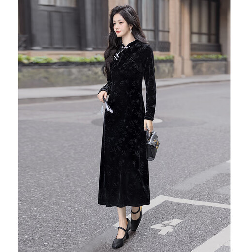 Sibaishe new Chinese style dress 2025 autumn new women's national style buckle embossed back slit cheongsam