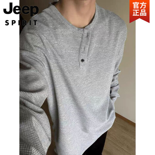 
JEEP SPIRIT light grey waffle long-sleeved T-shirt men's spring and autumn American retro Henry neck t-shirt loose casual base shirt 1381 black plus velvet M