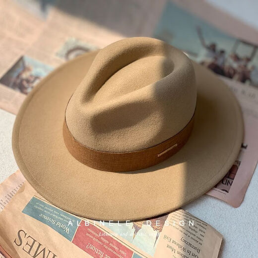 ALBINELE French new autumn and winter flat-brimmed woolen hat for men and women, fashionable wide brim black versatile European and American large head circumference camel mixed camel (fashionable) M size 54-57cm head circumference (regular) adjustable