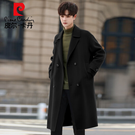 Pierre Cardin Warm Men's Double-sided Wool Coat Mid-Length Over-the-Knee Pure Wool Woolen Coat Windbreaker Thick and Loose in Winter Black L 175 (160-185Jin Jin equals 0.5kg)