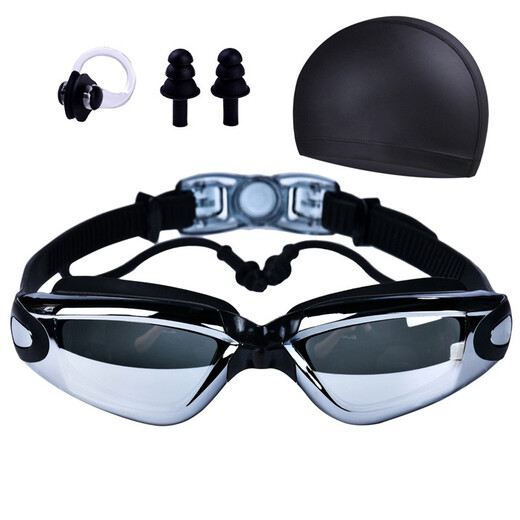 Zhuochi high-definition waterproof and anti-fog swimming goggles for men and women, adult goggles, swimming caps and earplugs set new black set (swimming goggles, swimming caps, nose clip earplugs)