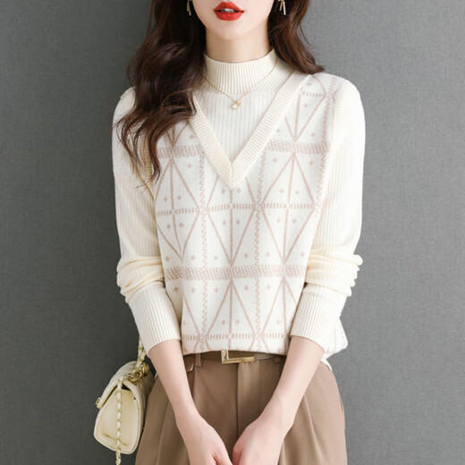 Red Dragonfly Sweater Women's 2025 Autumn New Women's Clothing Fake Two-Piece Sweater Women's Inner Long-Sleeved Bottoming Shirt Women's Top Beige Long Sleeve One Size