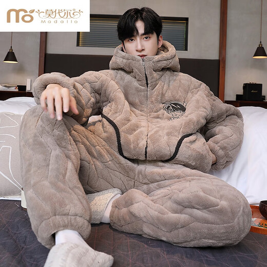 Modal Herren-Pyjamas im Winter Korallenmerze verdickt und samt warm warm dreischichtige Baumwolljacke Flanell mit Kapuze mit Kapuzenkleidungsset 1365 Männer Reversknopf 3 Schichten x l