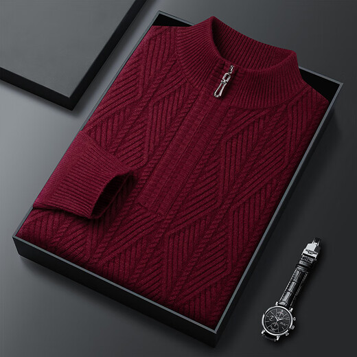 
Hengyuanxiang men's extra thick wool plush sweater wool half zipper turtleneck super thick sweater autumn and winter knitted sweater loose big dark gray warm M 165