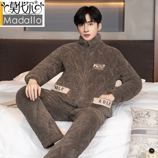 Modaler Herren-Pyjama, dreilagiger, gesteppter Korallensamt, verdickt, plus samtwarmes Flanell, großes Heimkleidungsset, kann draußen getragen werden, 9913# dunkelgrau, XL empfohlen (120–140 Jin Jin entspricht 0,5 kg)