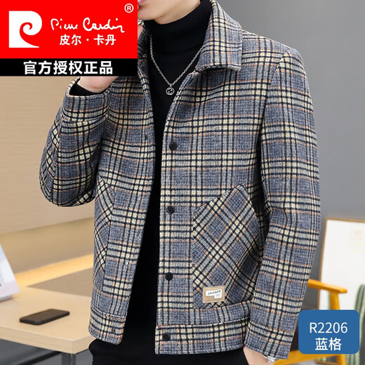 Pierre Cardin 2025 autumn and winter new plaid woolen coat men's lapel jacket young men handsome woolen coat knitted R2206 blue plaid 2XL (about 145~160Jin Jin equals 0.5 kg can be worn)