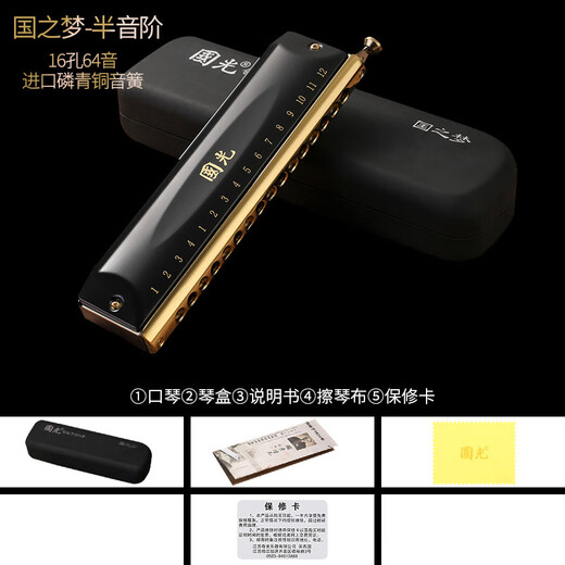 国光半音阶口琴12孔48音C调16孔高级专业演奏初学者成人儿童小学生 16孔 C调 国之梦磨砂黑（圆口标配）