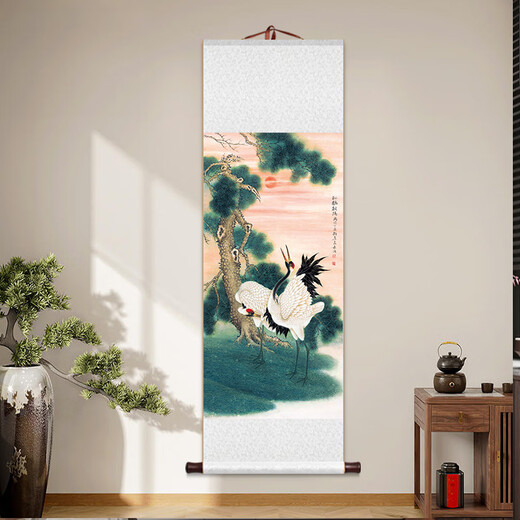 爱麒松梅双鹤卷轴挂画花鸟仙鹤名家国画新中式客厅书房茶室玄关壁画 ZFL1283款：松鹤延年 整体尺寸：41*132cm 乳白色锦绫+新款