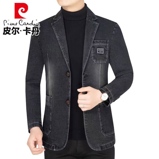 皮尔卡丹（pierre cardin）2025春秋季新款男士牛仔西服上衣西装领夹克衫外套潮流单西男 NZ2301黑色 2XL 185【建议150-165斤】
