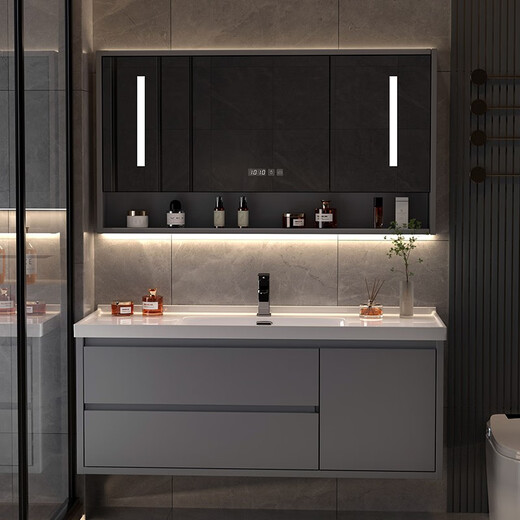 
Huangshengjin smart bathroom cabinet ceramic integrated basin wash basin cabinet bathroom bathroom wash basin cabinet simple wash basin cabinet combination light luxury gray + smart mirror cabinet half + ceramic basin 80cm