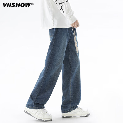 Viishow washed jeans men's simple retro casual loose versatile straight trend brand cleanfit wide leg work pants black L